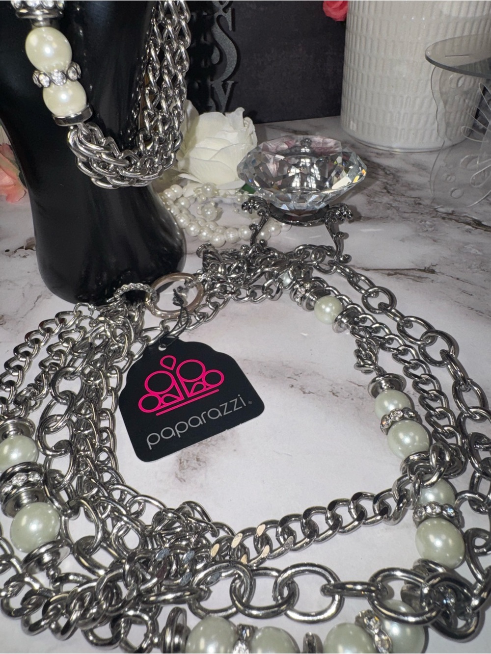 paparazzi Silver Multi-Chain Necklace with Pearl Beads